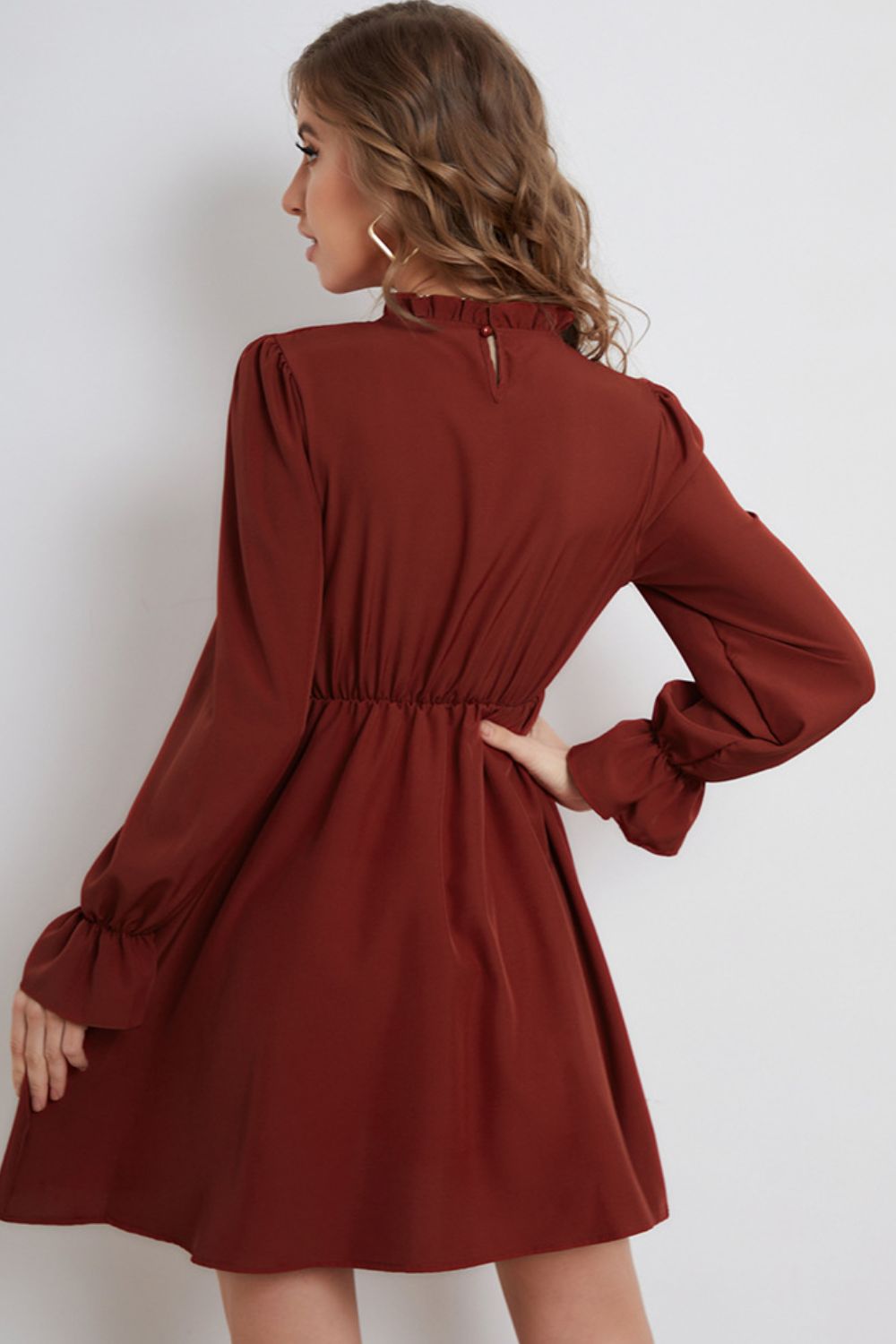 Smocked Flounce Sleeve Frill Neck Dress