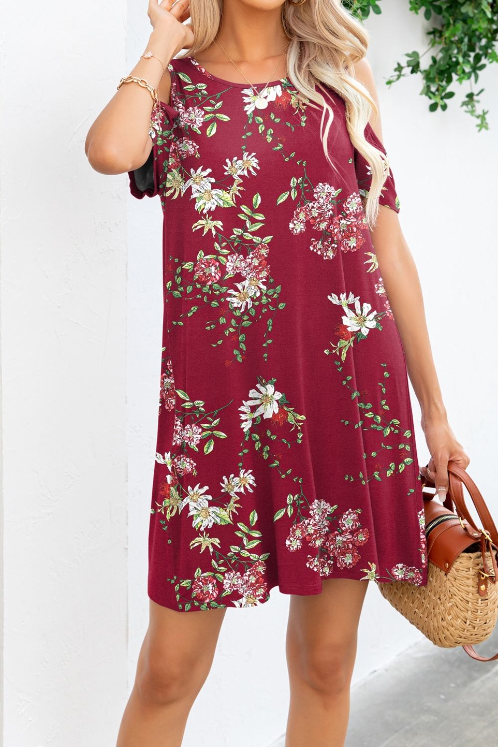Printed Round Neck Cold-Shoulder Dress